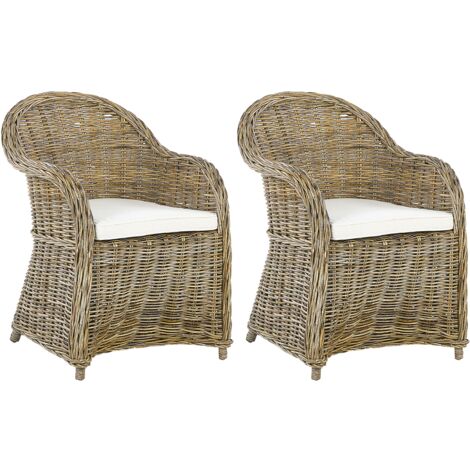 Conjunto de 2 sillas de jardín de ratán natural blanco crema cojín de asiento algodón interior Susua
