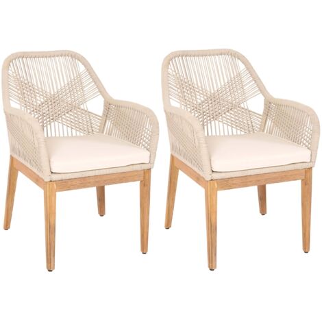 Conjunto de 2 sillas de jardín modernas y resistentes a la intemperie en madera de acacia con respaldos redondeados en cuerda trenzada color crema y cojines color crema 040010098