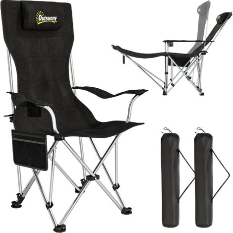 Conjunto de 2 Sillas Plegables Camping con Reposapiés Desmontable Reposacabezas Portavasos y Bolsa 125x48x90 cm Negro