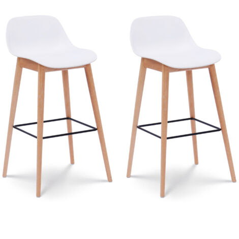 Conjunto de 2 taburetes de bar blancos de estilo escandinavo con patas de madera natural - Altura 76 cm
