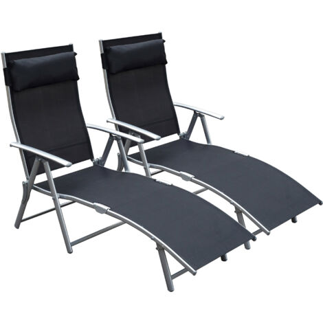 Conjunto de 2 tumbonas plegables tumbonas de jardín con respaldo ajustable almohada y reposabrazos carga 165 kg 137x63,5x100,5 cm negro