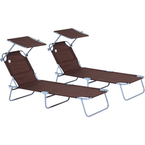 Conjunto de 2 tumbonas plegables tumbonas de jardín reclinables con toldo desmontable respaldo ajustable en 5 niveles 187x58x36 cm marrón