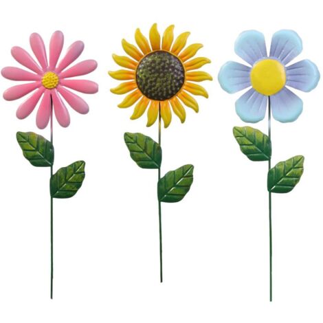 Conjunto de 3 adornos de jardín con forma de girasol, coloridas esculturas de metal para uso exterior.