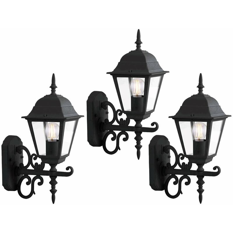 

Juego de 3 luces de fachada, focos de pared para exteriores, lámparas de vidrio negro, linterna de terraza, en un juego que incluye bombillas LED