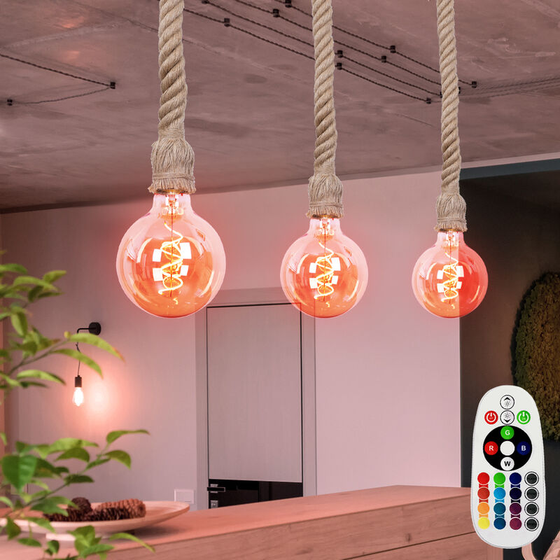 

Juego de 3 lámparas colgantes de techo colgantes con control remoto de cuerda de cáñamo en un juego que incluye bombillas LED RGB