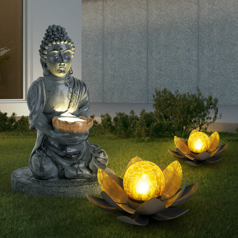 

Conjunto de 3 luces solares LED de pie Feng Shui Buda lámparas de decoración de jardín flores de loto craquelado de vidrio
