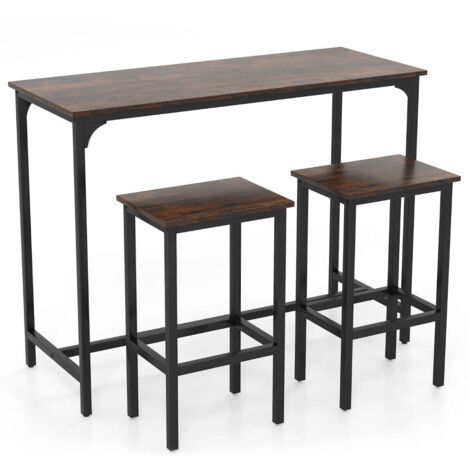 Conjunto de 3 mesas de comedor con mesa alta 120x48x91 cm y 2 cómodos taburetes estilo industrial metal marrón 200011955
