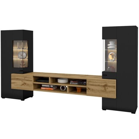 Conjunto de 3 muebles de salón colección KOBEE. Color negro y roble.