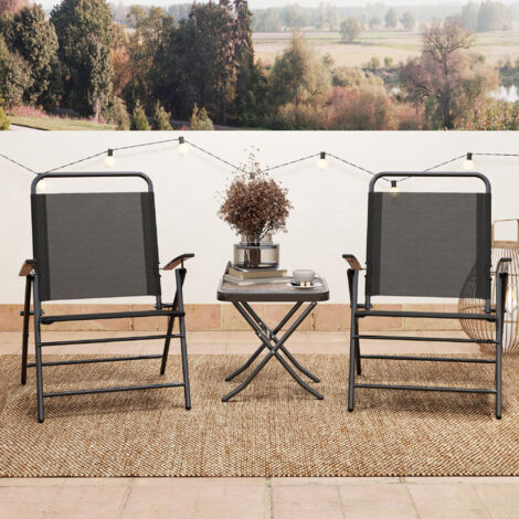 Conjunto de 3 Piezas Mesa con Encimera de Cristal y Sillas Plegables con Respaldo Regulable para Terraza Exterior Negro
