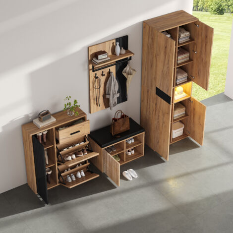 Conjunto de 4 Muebles de Recibidor con Armario, Zapatero, Banco y Panel, en Tablero de Partículas Negro y Natural