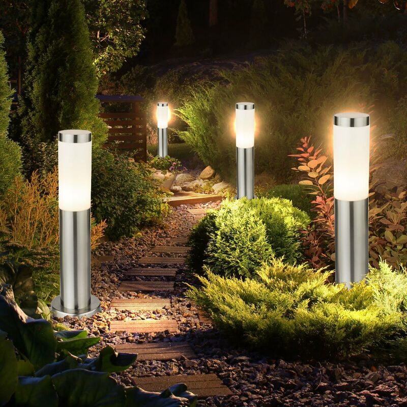 

Juego de 4 luces de pie de acero inoxidable iluminación exterior Lámparas de pie IP44 Focos de luz E27 plateados