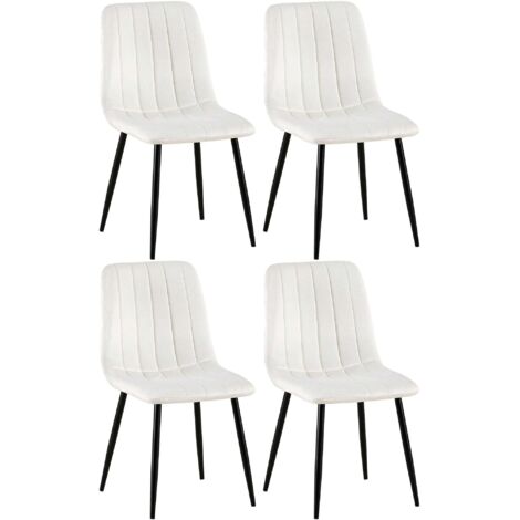 Conjunto de 4 sillas de comedor con costura decorativa vertical en tejido de terciopelo blanco crema y patas de metal negro 100001869