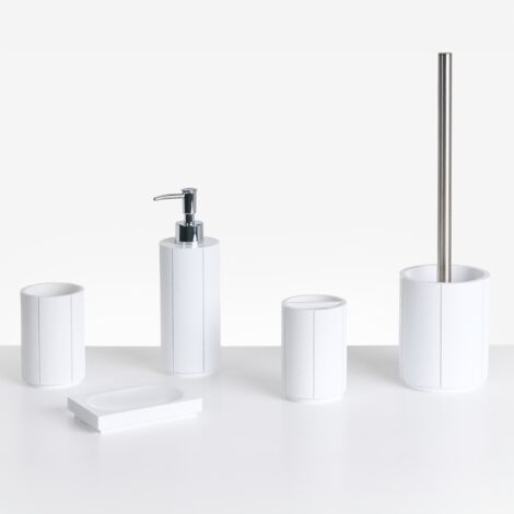 Conjunto de 5 accesorios de baño jabonera dispensador de jabón escobilla de inodoro vaso soporte para cepillos de dientes blanco Huallanga