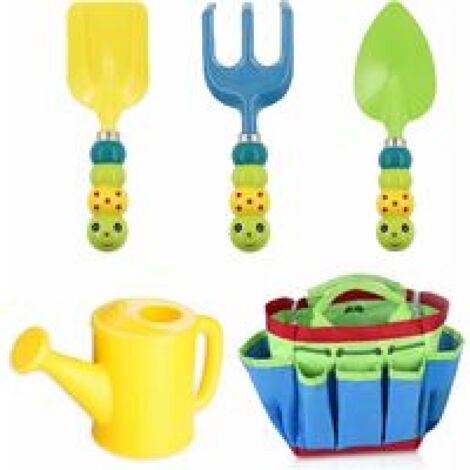 Conjunto de 5 juguetes de jardín para niños: regadera, pala, bolsa, rastrillo y herramientas de jardinería.