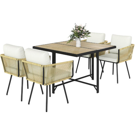 Conjunto de 5 piezas de mesa y sillas de jardín de ratán con mesa de madera sintética y 4 sillas con cojines beige extraíbles.