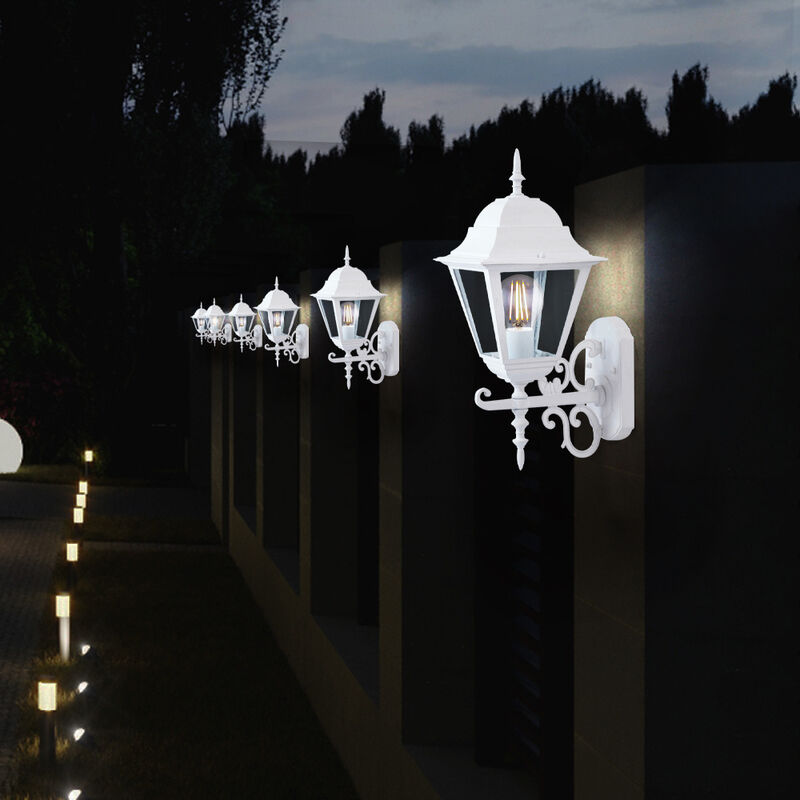 

Juego de 6 linternas luces de pared de la casa vidrio blanco estilo antiguo focos de jardín aluminio luces negras
