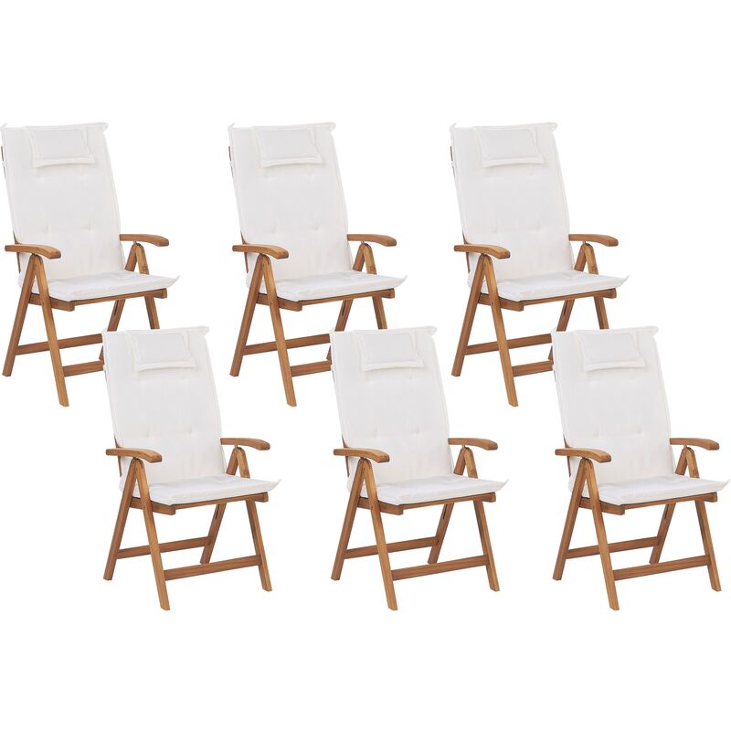 

Conjunto de 6 sillas de jardín de madera con cojines blanco/crema JAVA