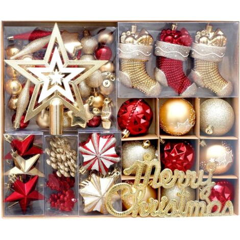 Conjunto de 70 adornos navideños para el árbol, que incluye calcetines, estrellas y copos de nieve. Adornos irrompibles, en rojo y dorado.