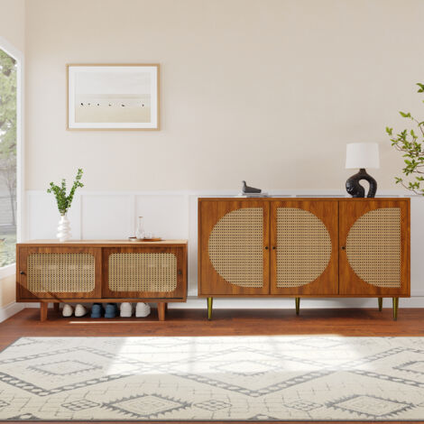 Conjunto de aparador y zapatero, mueble cocina salón, exterior ratán, múltiples espacios de almacenaje, color marrón