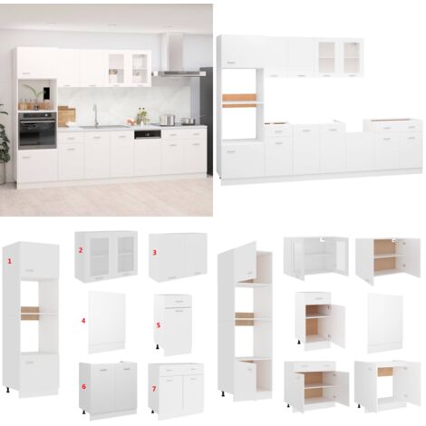 Conjunto de armarios de cocina de 7 piezas "Lyon" de madera de ingeniería blanca - Armarios de cocina de madera - Armarios de cocina de 7 piezas