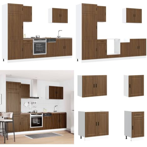 Conjunto de armarios de cocina de 7 piezas "Porto" de madera de ingeniería de roble marrón - Gabinetes de cocina - Muebles de cocina