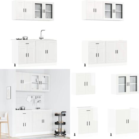 Conjunto de armarios de cocina "Porto" de 4 piezas en madera de ingeniería blanca brillante - Armarios de cocina de madera - Armarios de cocina de ingeniería