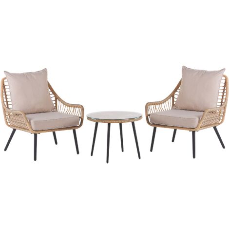 Conjunto de balcón mesa de centro ratán sintético patas de metal 2 sillas cojines beige boho Laureto