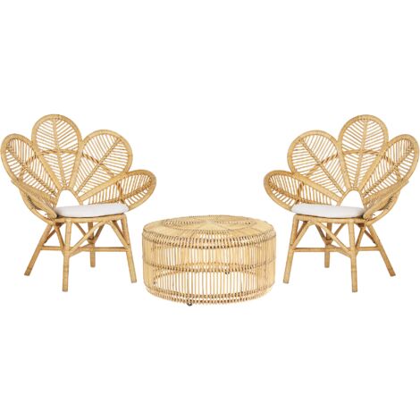 Conjunto de balcón ratán beige natural 1 mesa 2 sillas cojines Florentine/Limni