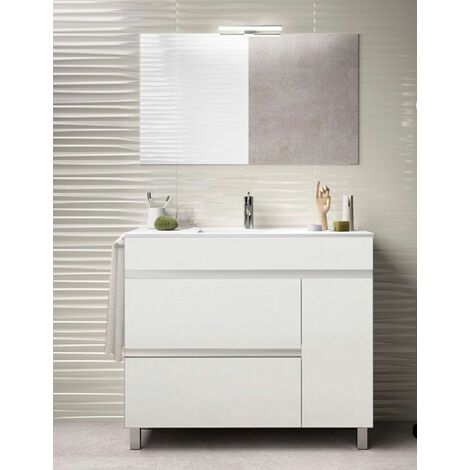 Mueble de baño 90 cm 2 cajones Blanco mate y coqueta izquierda 2 huecos  Roble con Lavabo integrado