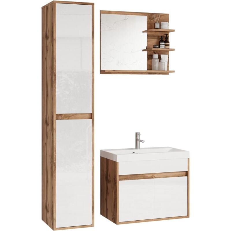 Muebles Slavic - Ensemble de meubles de salle de bain cyprus, ensemble de meubles de salle de bain, lavabo inclus, couleur wotan/blanc brillant