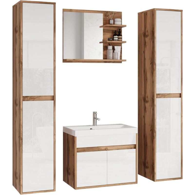 Muebles Slavic - Ensemble de meubles de salle de bain cyprus xl, ensemble de meubles de salle de bain, lavabo inclus, couleur wotan/blanc brillant