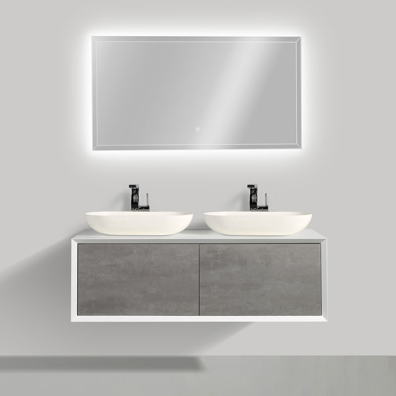 Mueble de baño de madera mdf Fiona 1200 blanco mate - parte frontal con aspecto de cemento - espejo y lavabo opcionales:Con espejo led 2137, Sin