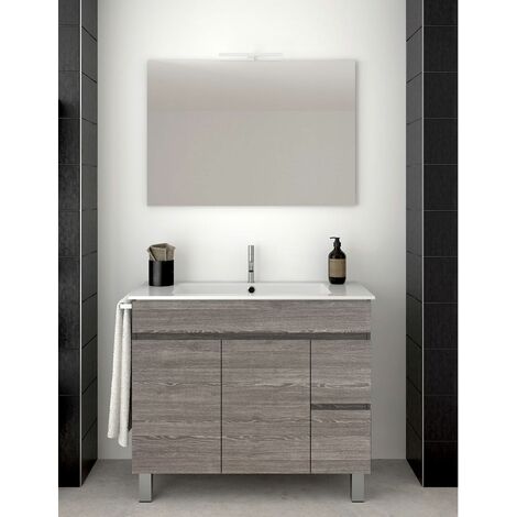 Conjunto de Baño Isquia 2 cajones y dos puertas - 7 colores distintos -15 medidas - incluye mueble, lavabo y espejo - Roble Smoky 100 x 45 cm
