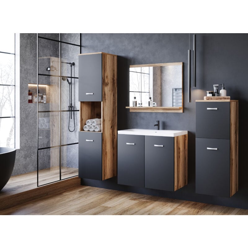 Muebles Slavic - Ensemble de meubles de salle de bain malo, ensemble de meubles de salle de bain, lavabo inclus, couleur wotan/noir mat