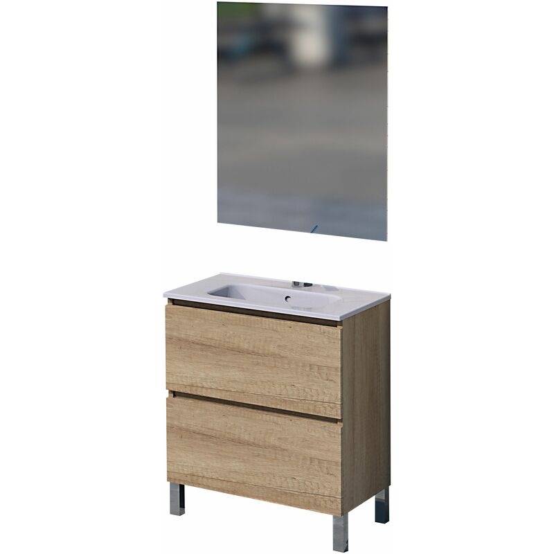 

Conjunto Rita de mueble de bańo con espejo y lavamanos cerámico, de una puerta y un cajón, color roble natur, 60 x 46 x 82.