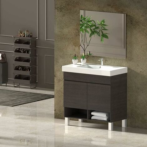 Conjunto de Baño NEBARI con patas - 7 colores distintos 2 puertas o un cajón a elegir- incluye mueble, lavabo y espejo se envía MONTADO Roble Sinatra 50x40Cm