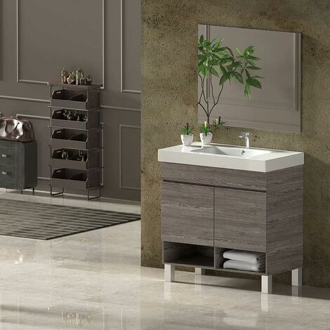 Conjunto de Baño NEBARI con patas - 7 colores distintos 2 puertas o un cajón a elegir- incluye mueble, lavabo y espejo se envía MONTADO Roble Smoky 80x40Cm