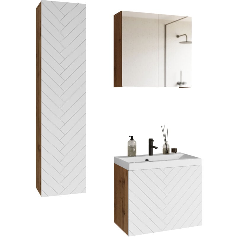 Muebles Slavic - Ensemble de meubles de salle de bain nicea, jeu de meubles de salle de bain, lavabo inclus, couleur wotan/blanc chevrons
