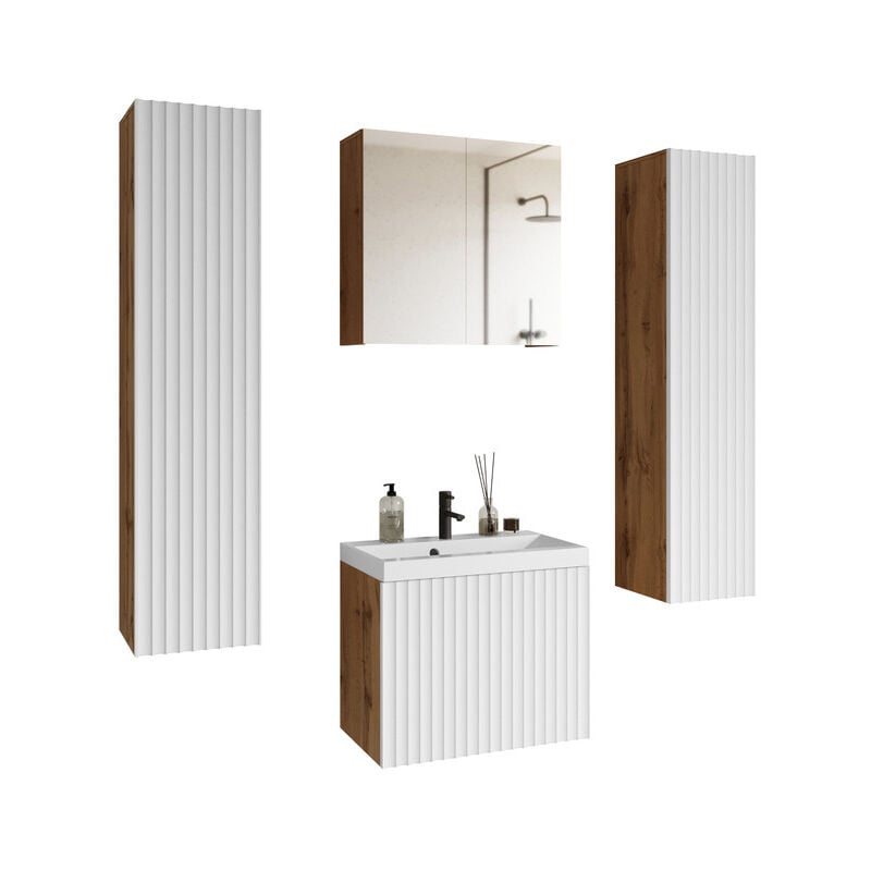 Muebles Slavic - Ensemble de meubles de salle de bain nicea xl, jeu de meubles de salle de bain, lavabo inclus, couleur wotan/blanc ondulé