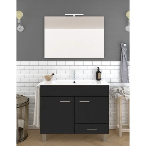Conjunto de Baño Samos 2 puertas y un cajón - 7 colores distintos -15 medidas - incluye mueble, lavabo y espejo - Grafito 100 x 40 cm