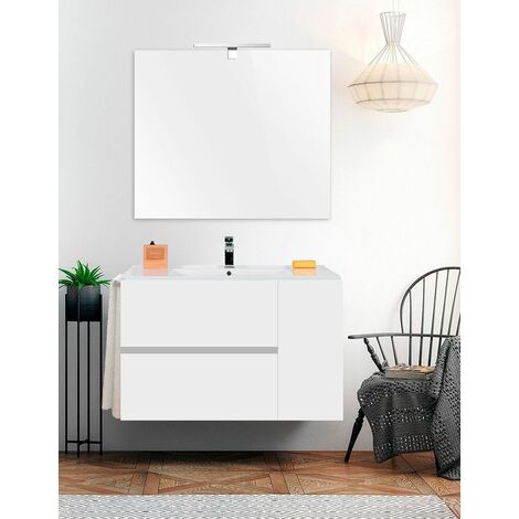Conjunto de Baño Suspendido Itaca- 2 cajones y una puerta - 7 colores distintos -15 medidas - incluye mueble, lavabo y espejo - Blanco 100 x 45 cm
