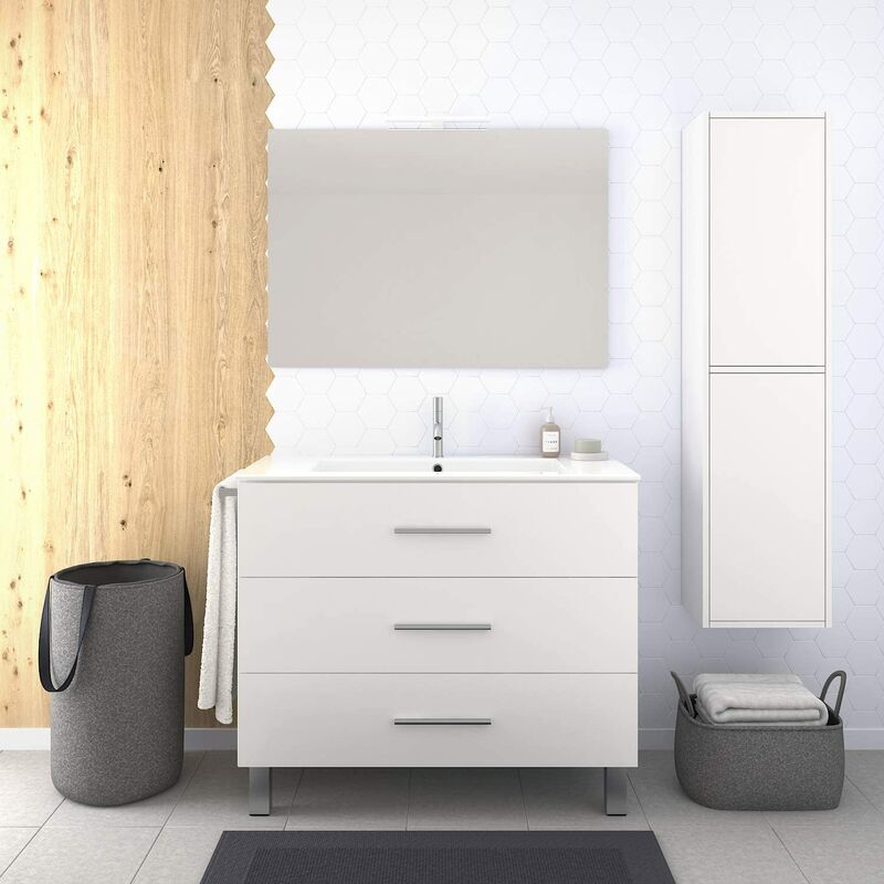 

Conjunto de Baño VÁLI Mueble con tres cajones, lavabo, espejo y columna auxiliar ¡¡Con toallero de regalo!! Varios colores y medidas En blanco 60CM