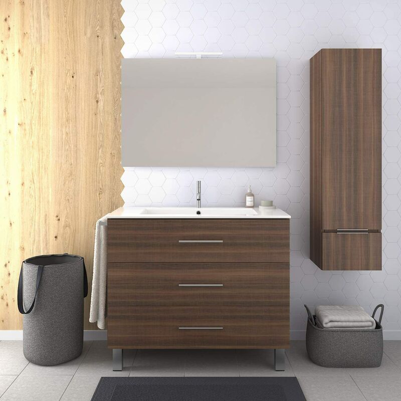 

Conjunto de Baño VÁLI Mueble con tres cajones, lavabo, espejo y columna auxiliar ¡¡Con toallero de regalo!! Varios colores y medidas En fresno tea