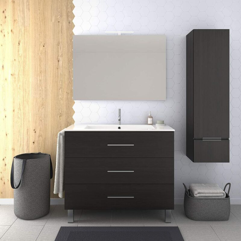 

Conjunto de Baño VÁLI Mueble con tres cajones, lavabo, espejo y columna auxiliar ¡¡Con toallero de regalo!! Varios colores y medidas En roble sinatra