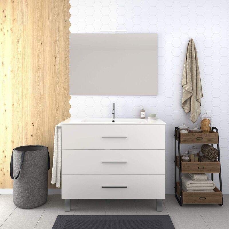 

Conjunto de Baño VÁLI Mueble con tres cajones, lavabo y espejo ¡¡Con toallero de regalo!! Varios colores y medidas En blanco 60CM