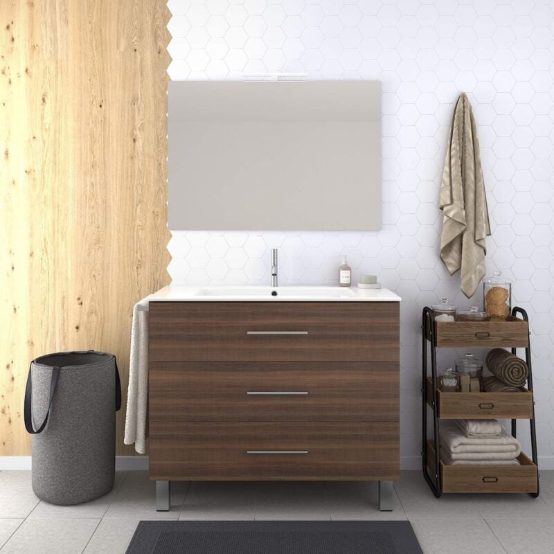 

Conjunto de Baño VÁLI Mueble con tres cajones, lavabo y espejo ¡¡Con toallero de regalo!! Varios colores y medidas En fresno tea 100CM