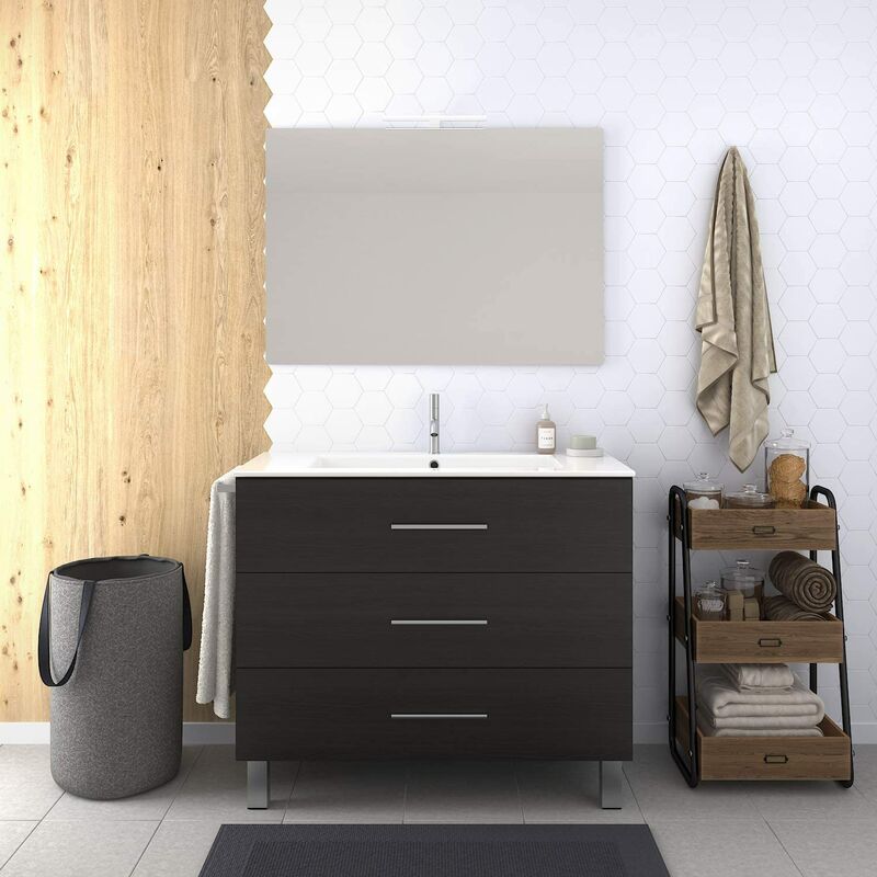 

Conjunto de Baño VÁLI Mueble con tres cajones, lavabo y espejo ¡¡Con toallero de regalo!! Varios colores y medidas En roble sinatra 80CM