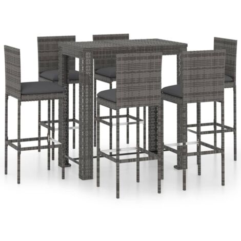 Conjunto de bar de jardín de 7 piezas y cojines de resina tejida gris 020013431