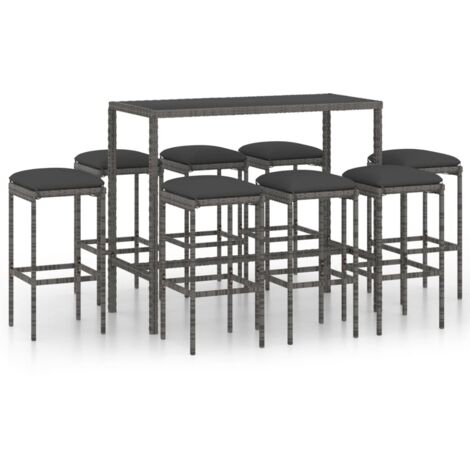 Conjunto de bar de jardín de 9 piezas y cojines de resina tejida gris 020013447