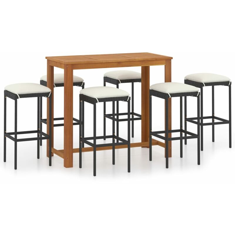 

Conjunto de bar para jardín 7 piezas con cojines negro